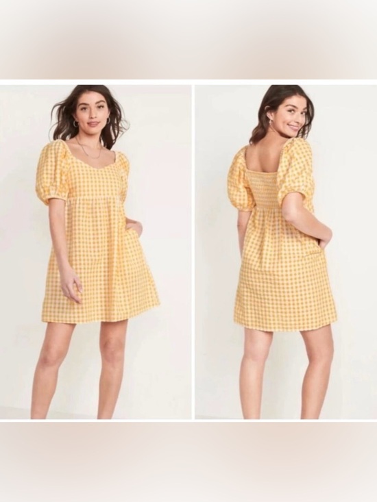Old Navy Dresses & Skirts - Cotton Yellow & White Puff Sleeve Babydoll Gingham Sundress Size XL Y2K Milkmaid